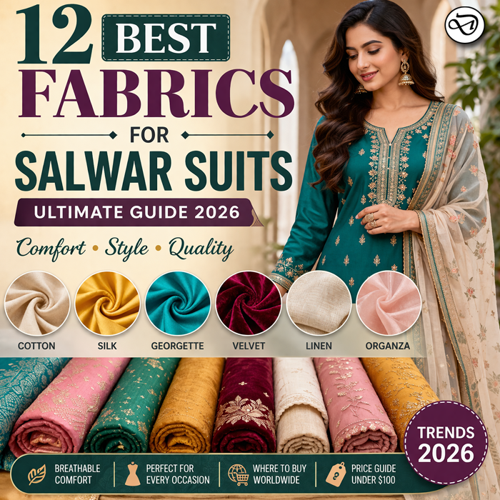 Discover the best fabrics for salwar suits in 2026. Explore cotton, silk, georgette & more with price ranges, styling tips, and where to buy internationally.