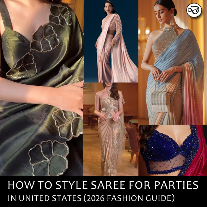 Discover how to style saree for parties in United States with modern draping ideas, blouse designs, accessories, makeup tips, and 2026 Indo-Western fashion trends.