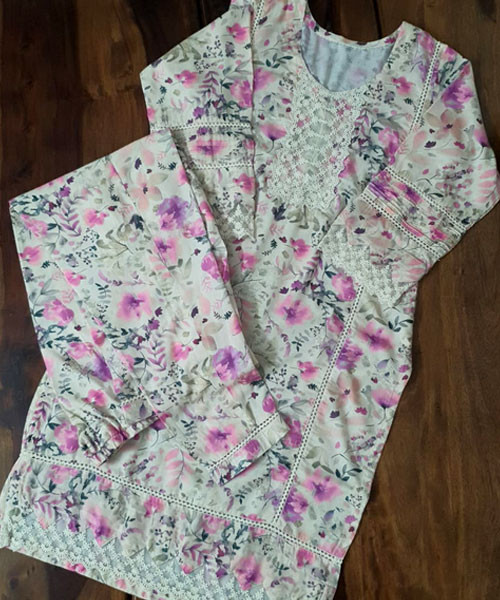 Elegant Beige Floral Printed Cotton Suit