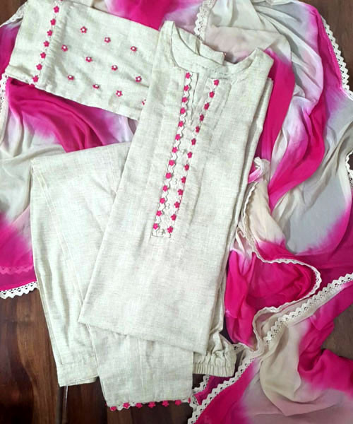 Linen Cotton Suit with Tie-Dye Dupatta