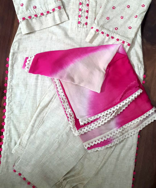 Linen Cotton Suit with Tie-Dye Dupatta